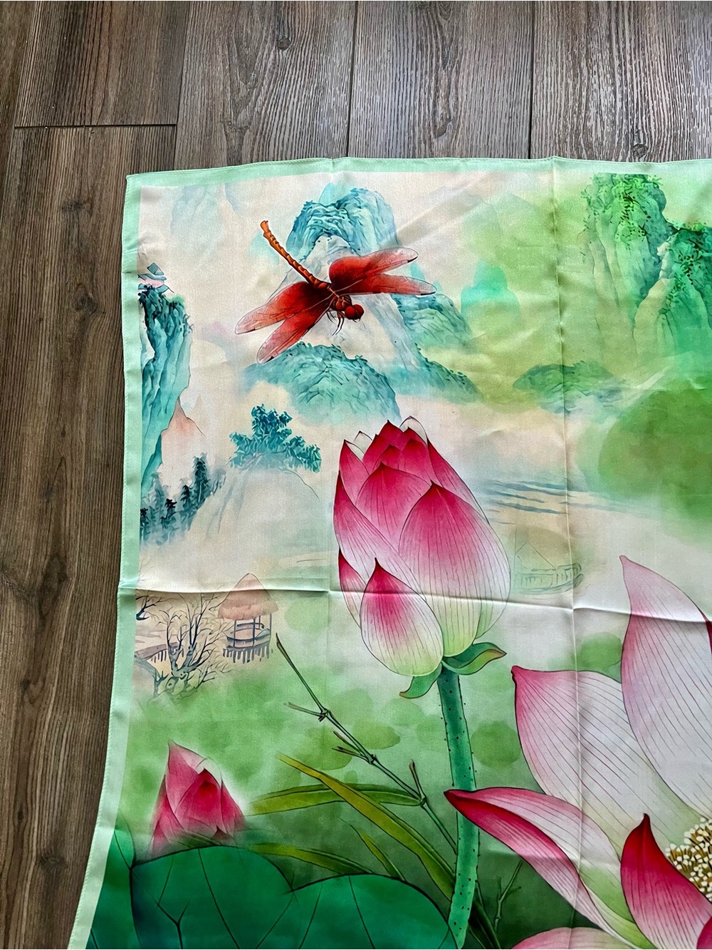 100% silk Florals  Lotus Silk Scarf with Pink & Green Watercolor Design - Picture 4 of 10